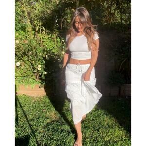 Soft Tiered Cotton Peasant Skirt White Embroidered Cottagecore Festival